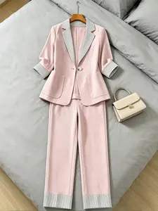 Two piece fashionable and high-end seven quarter sleeved suit set with striped and flanged design, versatile and stylish in the workplace, suitable for spring and summer, interviews, onboarding, business training, and light business parties