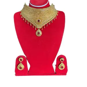 Traditional Nepali Gold Plated Jodha Haar Necklace with Matching Earrings, Elegant Design