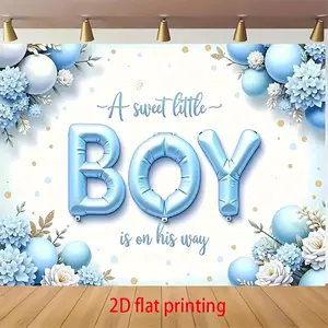 1pc 2D Flat Blue Youngsters Shower Backdrop with Golden Polka Dots - "A Sweet Little Boy is on His Way" Polyester Banner, Floral and Balloon Design, Ideal for Party Decorations and Photography, Youngsters Shower