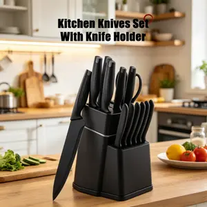 15-Piece Black Kitchen Knife Set with Block & Built-in Sharpener, Non-Stick Coated 3Cr13 Stainless Steel Knives, Ergonomic PP Handle, Dishwasher Safe, Sharp Chef Knife Set for Home Cooking & Meal Prep