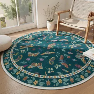 Round Vintage Butterfly Floral Print Carpet, Minimalist Style, Foldable Washable Non-Slip Plush Rug for Living Room Bedroom
