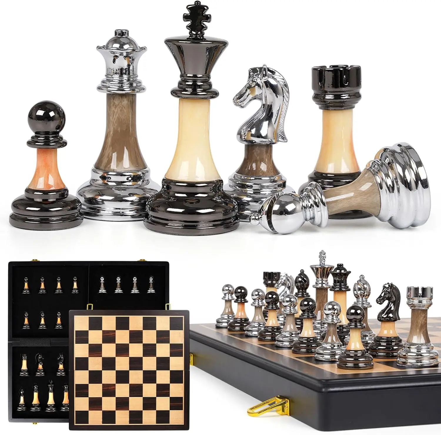 Luxury Large Metal & Acrylic Chess Set with Wooden Chess Board (17”) – Weighted Metal Pieces with 3.5” King, Foldable Tournament Chess Set for Adults & Kids, Professional Family Board Game