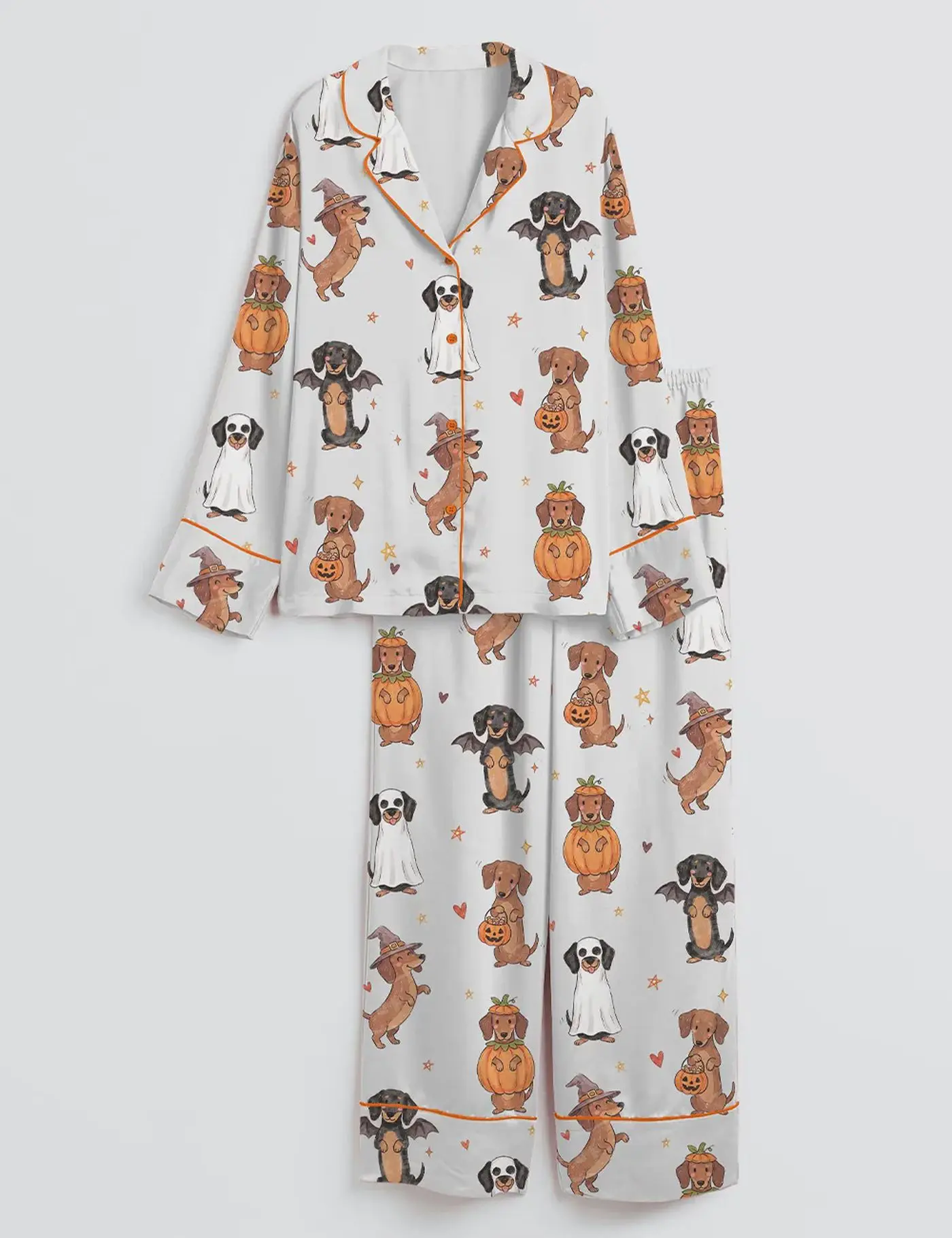 Women’s Halloween Dachshund Pajama Set, Cute Dog Print Satin Sleepwear Long Sleeve Breathable