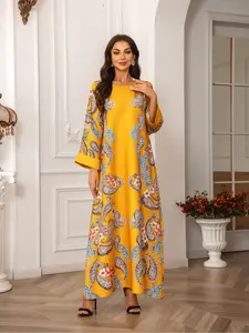 Women's Floral Pattern Faux Pearl Decorated Dress, Elegant Long Sleeve Round Neck Dress for Daily Wear, Ladies Islamic Clothing for All Seasons, Maxidresses