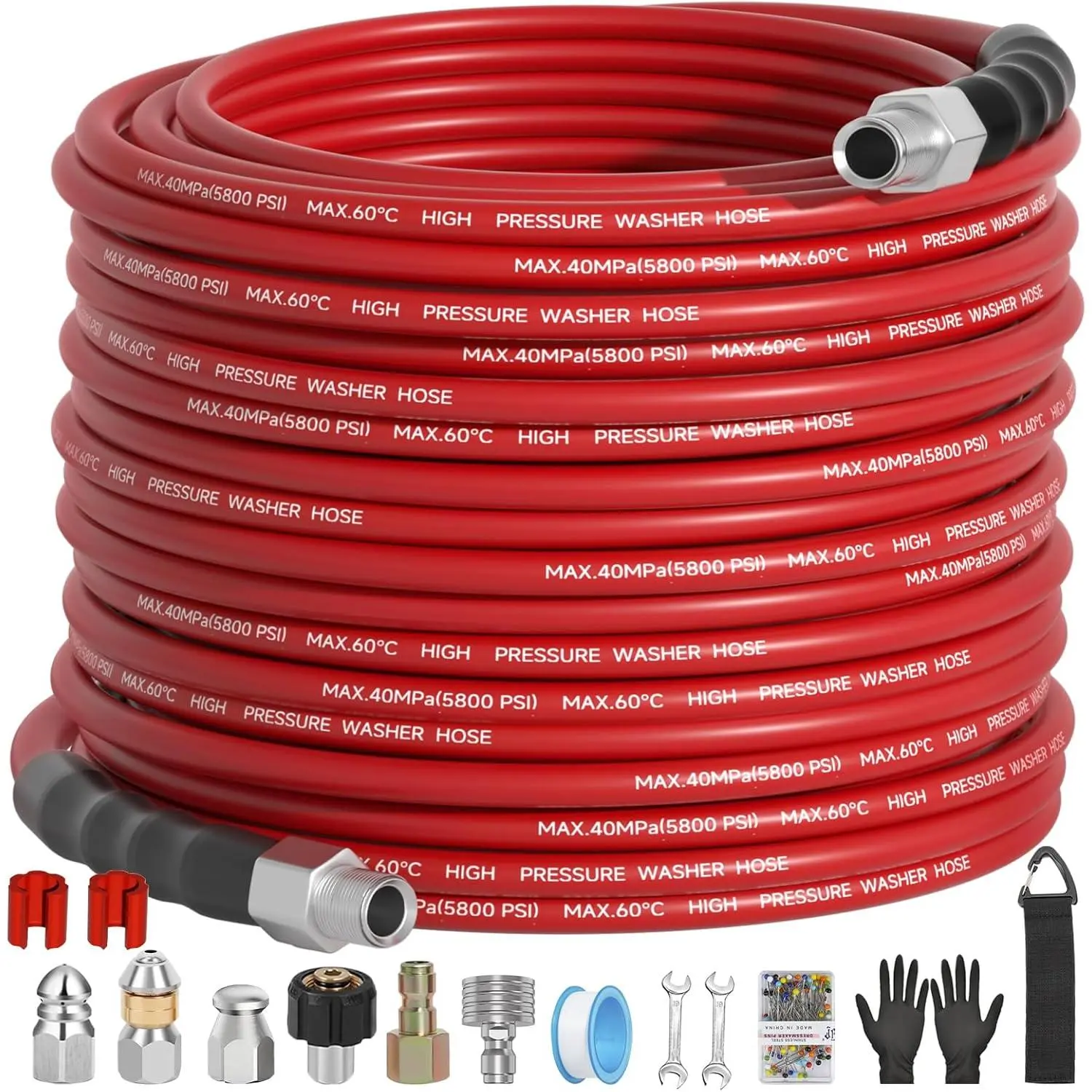 100FT Sewer Jetter Kit for  Washer 5800PSI,1/4" NPT Drain Jetter Hose with 1/4" Quick Plug,3 Sewer Jet Nozzles,Spanners Teflon Tape Gloves and Spray Nozzle for Cleaning