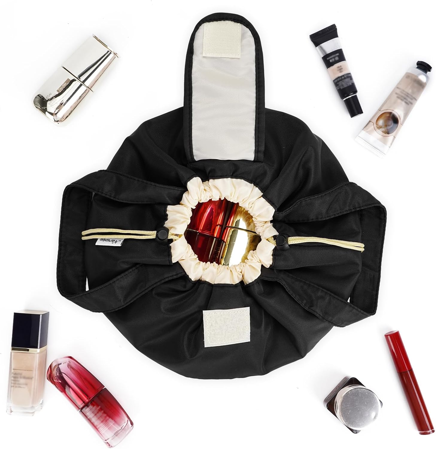 Eco-Friendly Lay Flat Open Drawstring Makeup Bag for Women - Large Cosmetic Organizer with Handle, Portable Home Storage for Skincare & Brushes