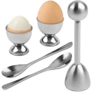 Egg Shell Opener Set 2 Pcs Egg Cups for Soft Boiled Eggs & 2 Pcs Spoons Rust-Resistant Stainless Steel Fits Most Egg Sizes Ergonomic Design for Effortless Precise Cracking