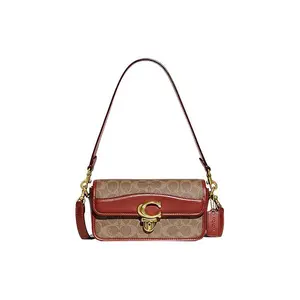 Coach Studio 20 Classic Monogram Snap-Clasp Crossbody Bag for Women, Brown and Red Leather Satchel