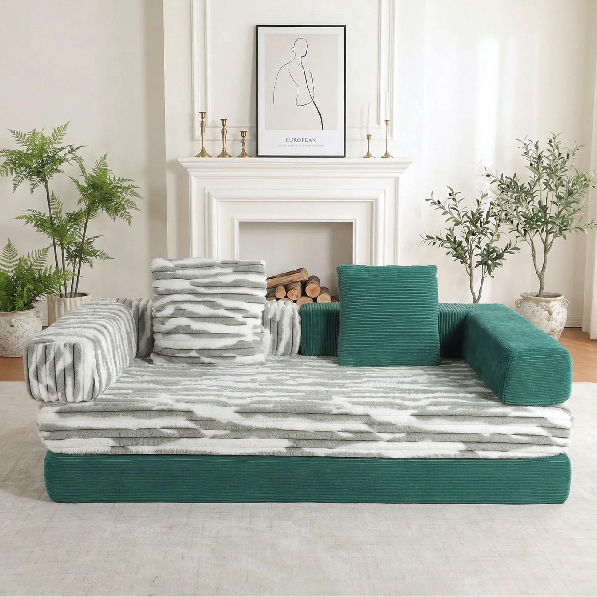 Green Corduroy Couch+Grey Sofa Cover