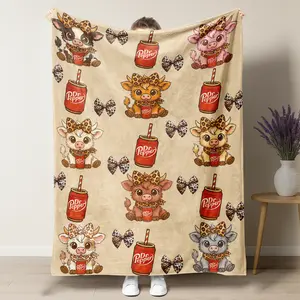 Cute Highland Cow & Leopard Bow Dr Pepper Throw Blanket - Western Farmhouse Fleece with Red Soda Cans - Cozy Country Girl Decor Gift