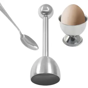 Professional Egg Opening Kit - Complete 5Pcs Set with Topper, 2 Spoons & 2 Cups Stainless Steel Shell Remover for Soft/Hard Boiled Eggs