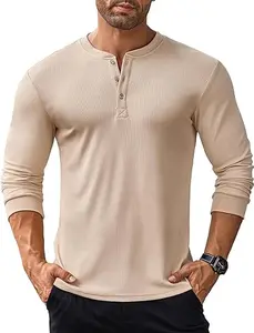 COOFANDY Chinos Menswear Long Sleeve Henley Shirts Stretch Ribbed Fashion Casual Basic Tops Classic Coat Collar Comfy Collar Comfy Fitted Formal