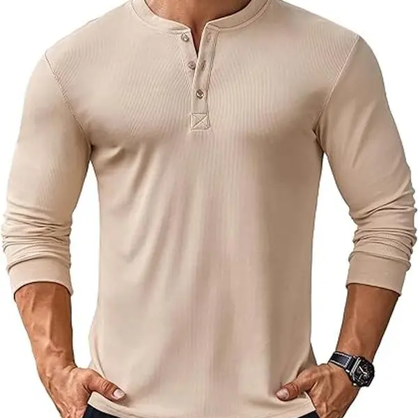 COOFANDY Chinos Menswear Long Sleeve Henley Shirts Stretch Ribbed Fashion Casual Basic Tops Classic Coat Collar Comfy Collar Comfy Fitted Formal