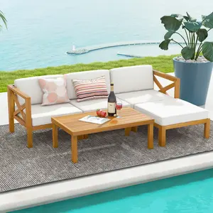 COSTWAY - 5 Piece Outdoor Conversation Furniture Set with 3 Chairs 1 Ottoman and 1 Coffee Table-White