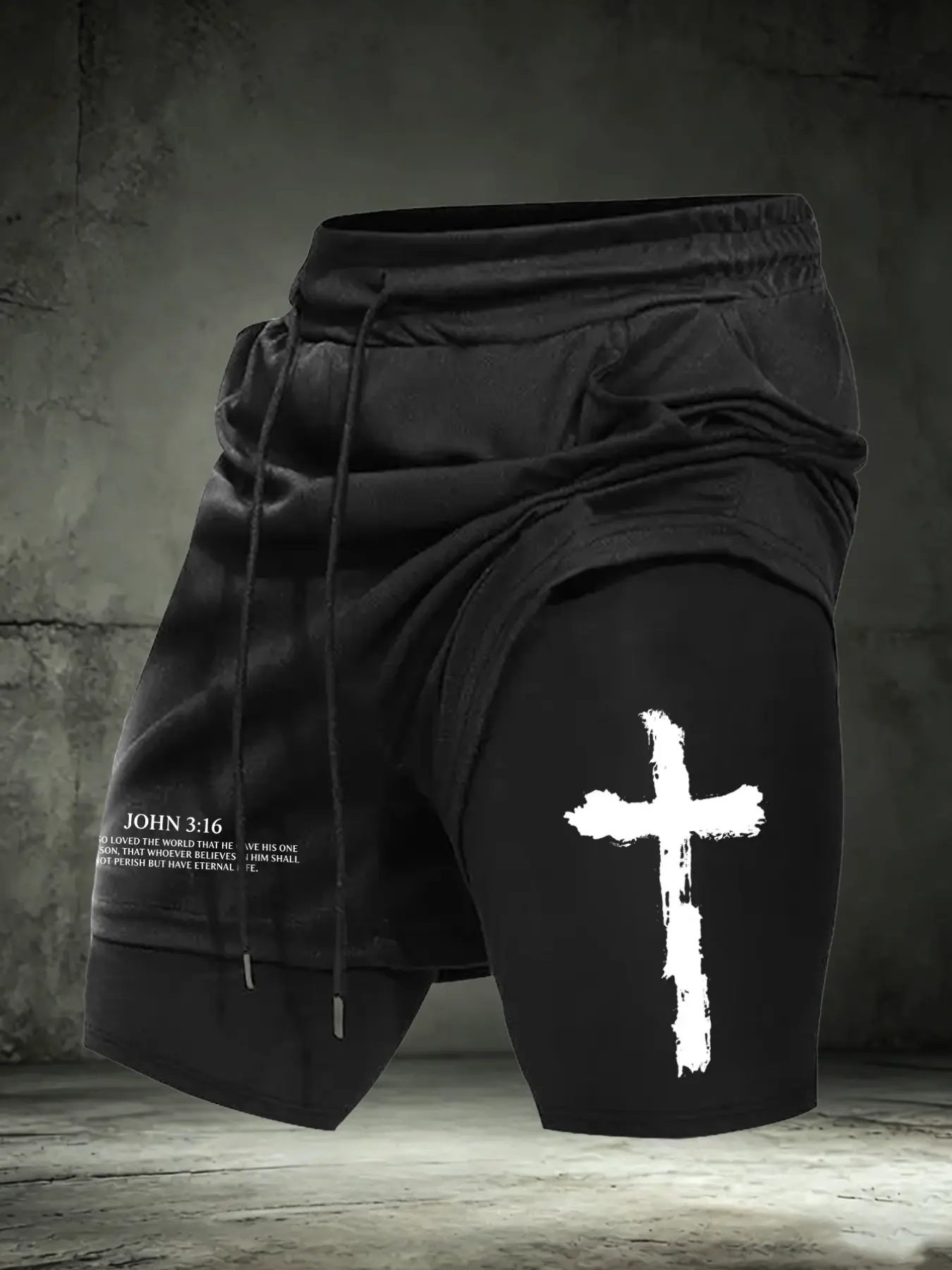 Men's Christian Cross Print 2-in-1 Gym Shorts, "John 3:16" Bible Verse Quick Dry Compression Workout Shorts, Graphic fitness shorts, Faith Streetwear Running Bottoms #ChristianGymWear #CrossPrintShorts #2in1WorkoutShorts