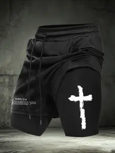 Men's Christian Cross Print 2-in-1 Gym Shorts, "John 3:16" Bible Verse Quick Dry Compression Workout Shorts, Faith Streetwear Running Bottoms #ChristianGymWear #CrossPrintShorts #2in1WorkoutShorts #FaithInspiredFitness #TikTokMadeMeBuyIt