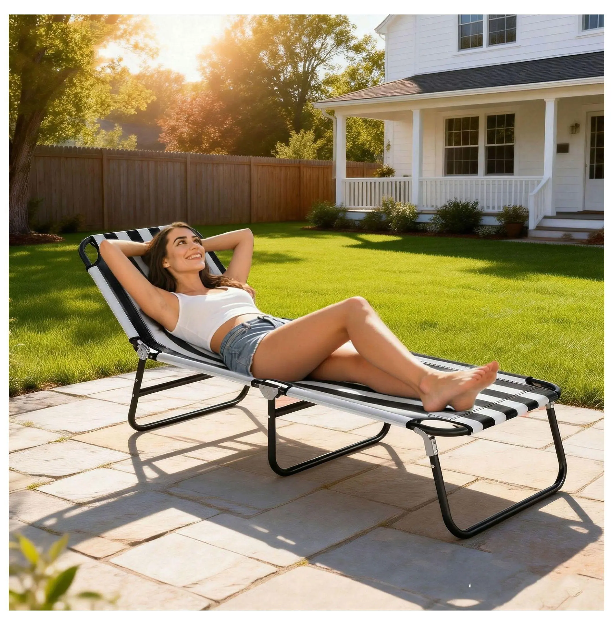 Folding Beach Lounger Chair Adjustable Camping Cot - Black & White, Portable Sun Lounger Default Title