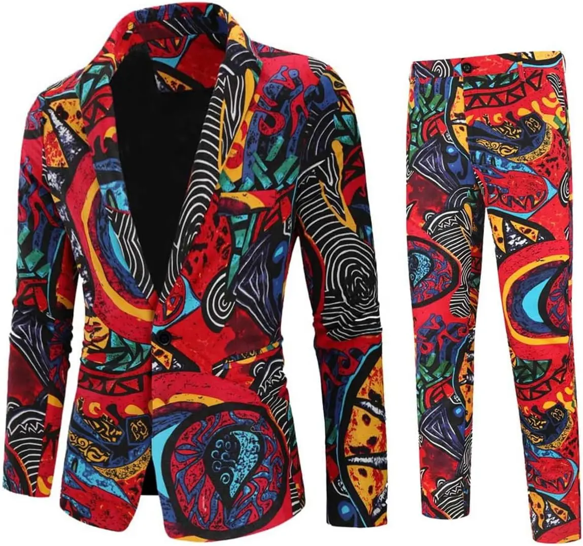 Men's 2-Piece Body-Fitting Floral Print Suit - Long Sleeve Slim 2-Button Blazer with Pants, Buttoned Multi-Part Menswear for Casual & Party Wear, Buttoned Men's Suits