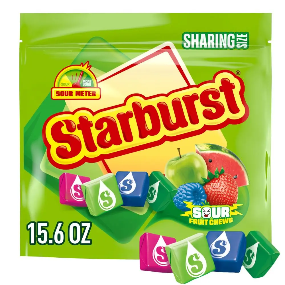 STARBURST Sour Assorted Flavors Fruit Chews - Bite-Sized, Individually Wrapped, Sharing Size, 15.6 Oz Resealable Bag for Party Snacks, Candy Table, Chewy Sweet Treat, Fruit Snack Candy