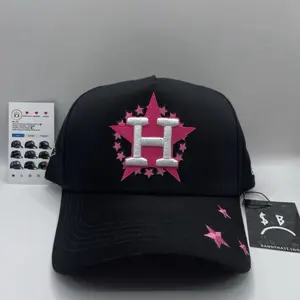 Dandy Hats x Junior Clave Ali Black Cap with Pink Star and White 'H' Logo Design Unisex Fashion Hat with Red Inner Lining