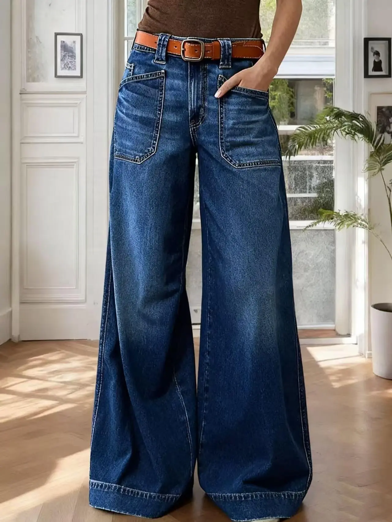 Womenswear high Rise Jeans Wide Leg Baggy Stretchy Boyfriend StreetwearTrendy Casual Comfort Lounge Denim Pants with Pockets Wide Leg Jeans
