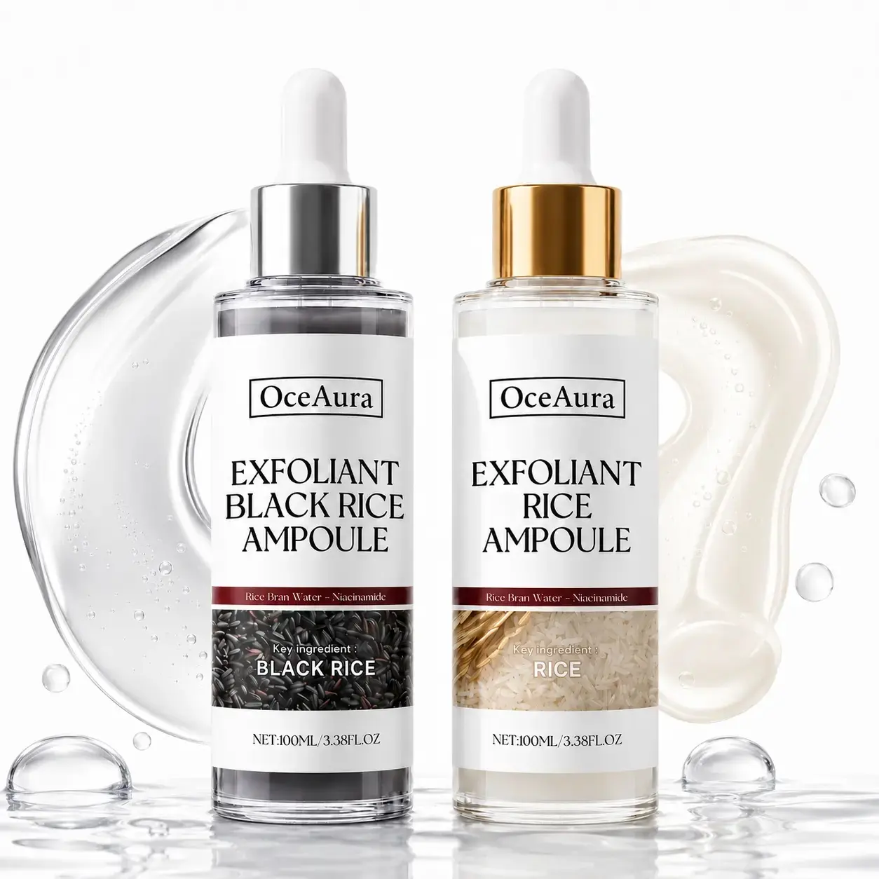2PCS Black Rice & Rice Exfoliating Ampoule, Rice Bran Water and Niacinamide Facial Serum Set for Gentle Exfoliation, Hydration and Smoother-Looking Skin, 100ml Each