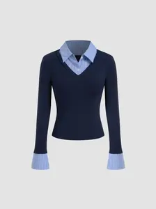 Cotton-blend Collar Stripe Two Tone Top