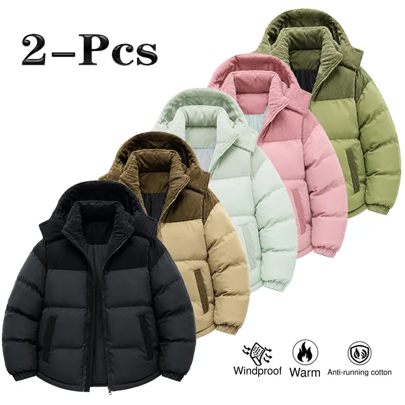 Men Patchwork Hooded Puffer Jacket, Corduroy Splicing Windproof Warm Winter Cotton Coat, Anti‑Running Cotton Loose Casual Outerwear, Multiple Colors Available