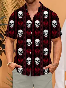 Men's Spring Summer Hawaiian Shirt, Striped Skull Print, Casual Fitted Short Sleeve, Soft Skin-Friendly Material, Perfect for Vacation，Limited-time offer, fast shipping.