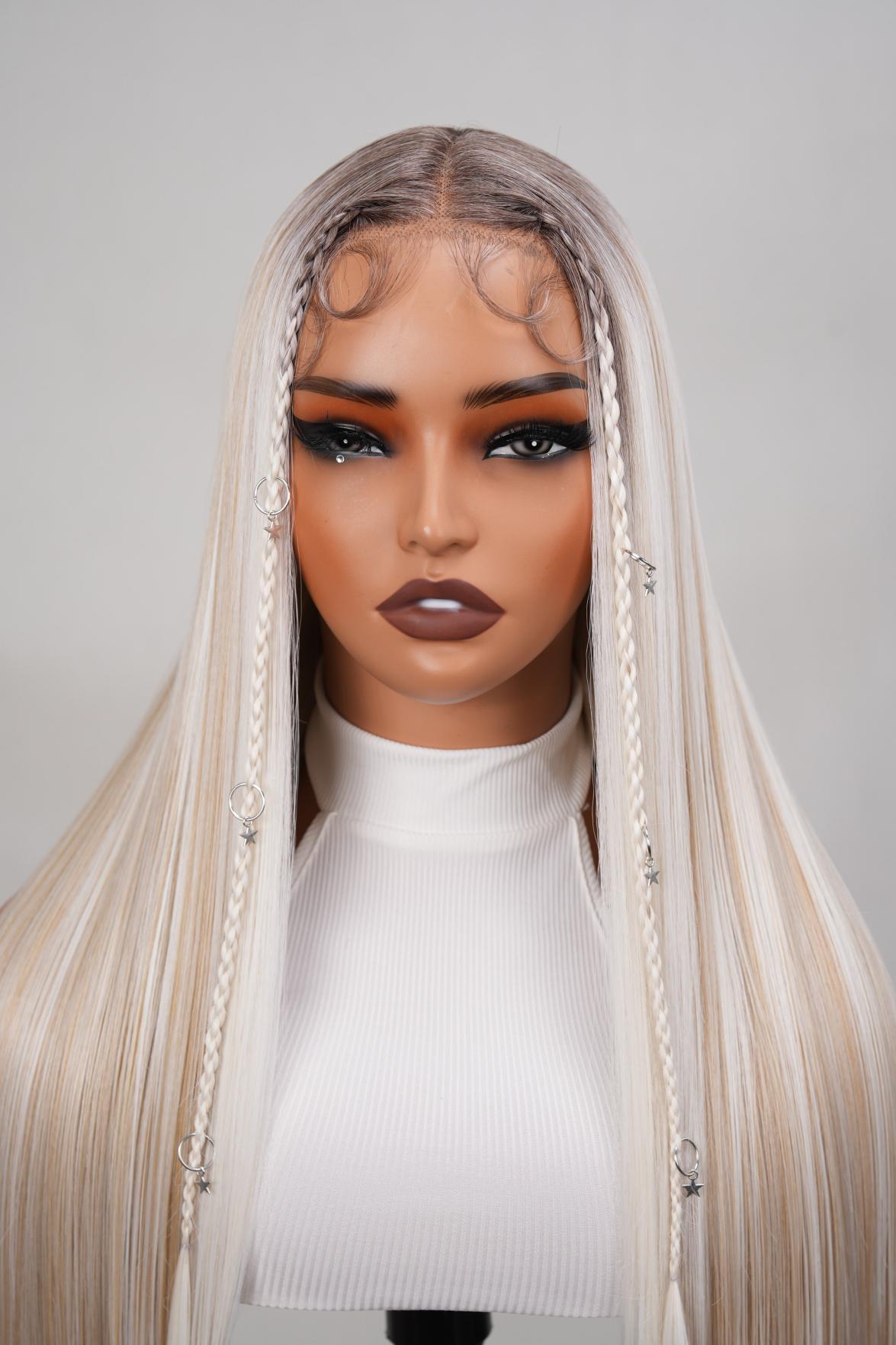 Noble 30 Inch Ash Blonde Ombre Straight Wig with Braids & Star Charms