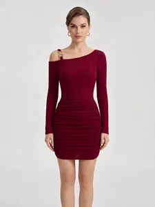 Women's Asymmetrical Neck Mini Dress Long Sleeve Rib Knit Bodycon Ruched Party Dress for Night Out
