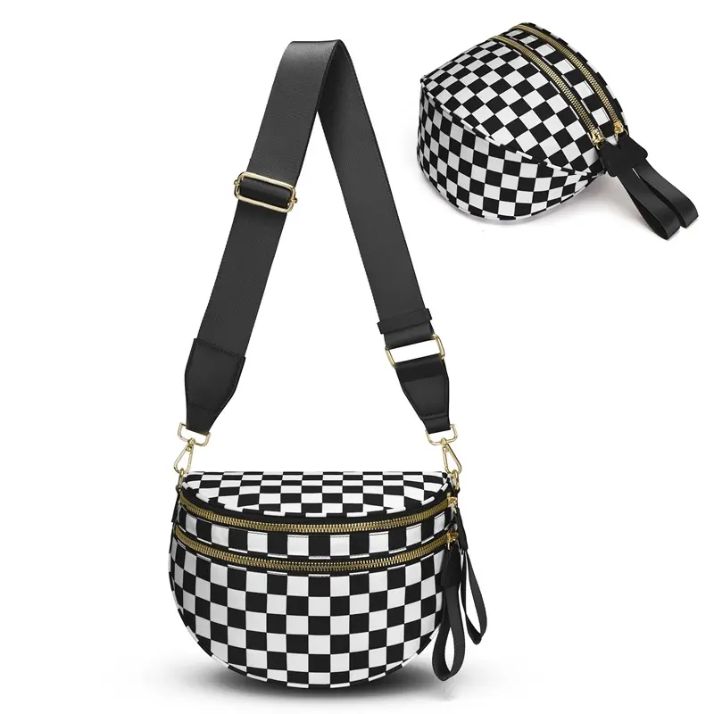 Women's Chic Crossbody Waist Pouch - Geometric Plaid Water-Resistant Nylon Travel Sling Bag with Adjustable RFID-Blocking Zipper Pockets & Expandable Bottom