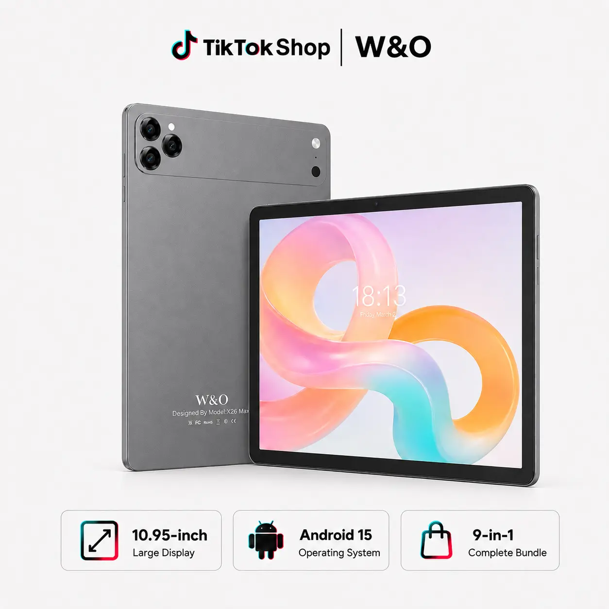 【TikTokShopBackToSchool】W&O 2026 Android 15, 11-inch Tablet, 12GB RAM + 256GB Expandable Storage, Long Lasting Battery, Large HD Screen, 10000mAh Battery, 5G WiFi, Portable Device with Keyboard, Mouse, Case, Stylus, Dual Camera, Work, smart