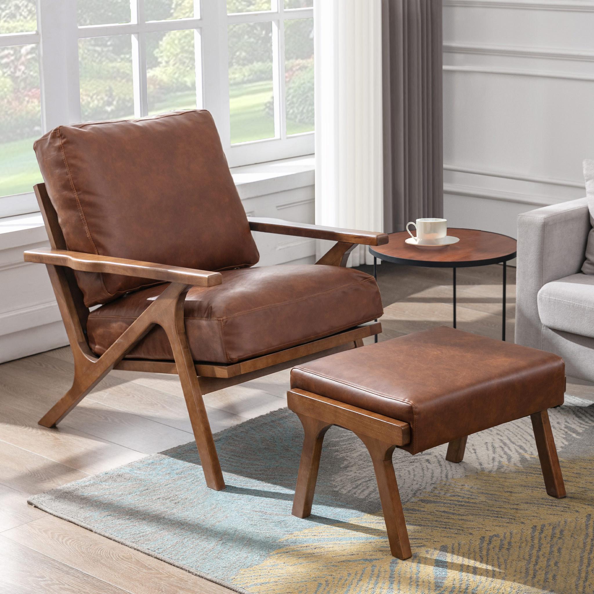 [BackToSchool]DAYALANE Modern Accent Chair with Ottoman Set, Faux Leather Upholstered Lounge Chair for Living Room & Bedroom, Pu Leather, Contemporary, Includes Ottoman