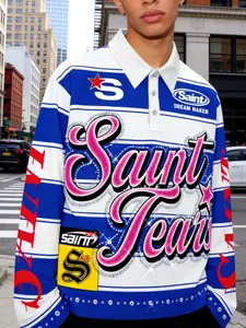 American Streetwear Long Sleeve Polo Shirt, Vintage Saint Jesus Letter Patchwork Graphic, Trendy Collared Top Unisex, Fashion All Seasons