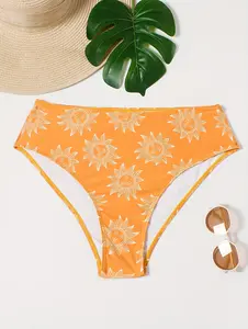 Women's Bright Orange Sun Face Illustrated High-Waisted High-Cut Body-Shaping Playful Bright-Colored Tummy Control Bikini Bottom for Summer Sports & Outdoor Swimwear, Body-Shaping Bikinis Bottoms, Bright-Colored Bikinis Bottoms