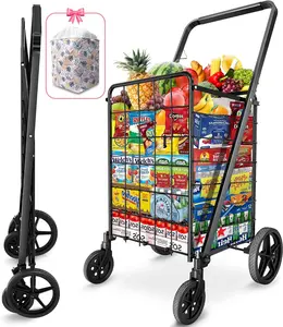 Folding Shopping Carts for Groceries,27GAL/220lb,Grocery Cart with 360° Rolling Swivel Wheels, Collapsible Rolling cart,Portable Utility Cart with Shopping Liner for Laundry Luggage Office，kitchen  Kitchen Heavy Duty Wagon Modern