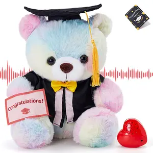 10" Graduation Bear Class of 2026, Heartbeat Recordable Teddy Bear with Cap Diploma Gown, Recording Rainbow Grad Bear w/30 Sec Recorder, Graduation Gift for Kindergarten High School College