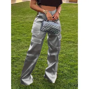 Chic Women's High-Waist Cargo Pants with Multi-Pocket Design, Stretchy Satin Fabric, Button Zip Closure - Casual Wide Leg Trousers