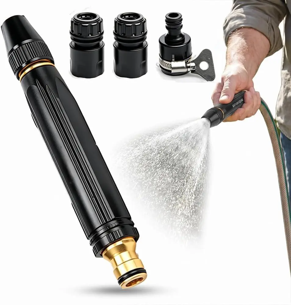 GMOX High Pressure Garden Hose Nozzle with Brass Tip, Adjustable Spray Pattern Power Washer Wand with 3 Quick Connect Adapters, Leak-Proof Heavy Duty Water Jet Sprayer for Car Washing Patio Cleaning Garden Watering