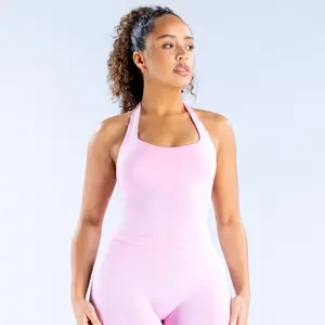 (With Logo) DFYNE Halter Neck Workout Tank Top - Square Neck Longline Sports Bra with Built-in Support, Seamless Tummy Control Yoga Top for Women