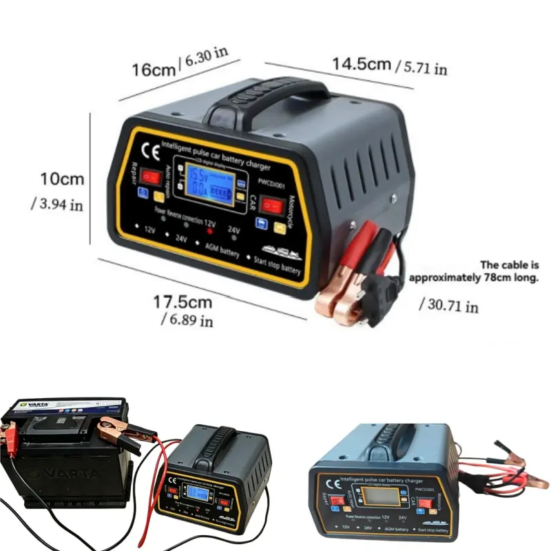 12V/24V LCD Smart Car Battery Charger - Pulse Repair Maintainer with Full Safety Protection, Bluetooth Monitor, Portable for Car/Motorcycle Emergency Use, Short-Circuit Voltage Protection light lead