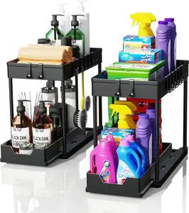2 Pack Under Sink Organizers and Storage, 2-Tier Sliding Cabinet Rack Basket Organizer with Hooks, Multi-Purpose Under Sink Organizers and Storage, Abs, Adjustable