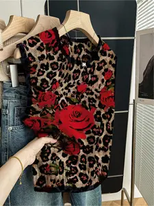 Spring and summer back-to-school casual style loose crew neck sleeveless knitted top with contrast dark blue trim and leopard print rose pattern for women, suitable for daily outings, can be worn with a vest or alone.