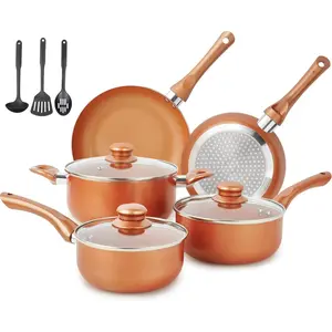 11-Piece Copper Nonstick Pots and Pans Set – Ceramic Coated Cookware with Stay-Cool Handles & Nylon Utensils, Induction & Gas Stove Compatible, PFOA-Free