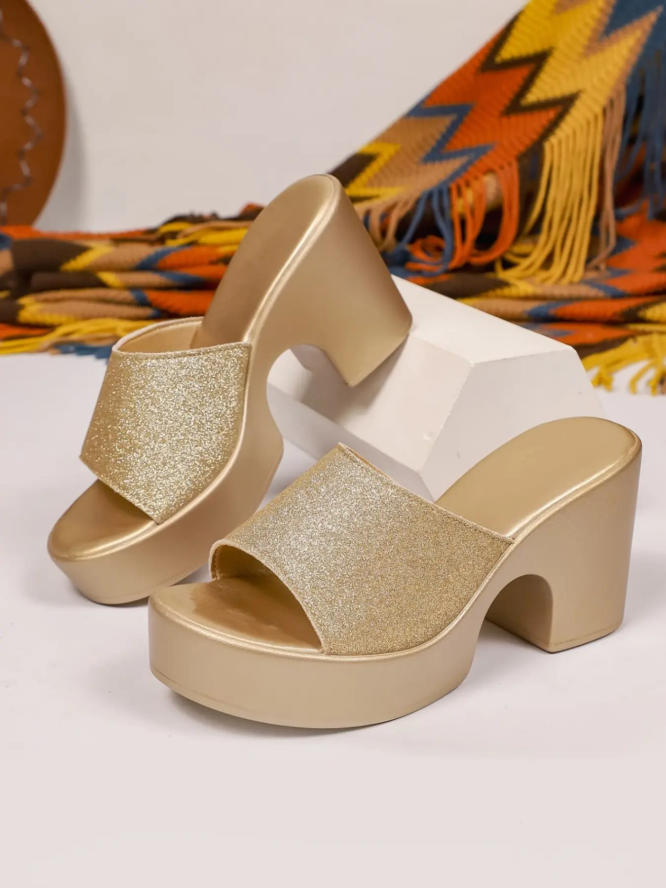 Women's Comfort Glitter Chunky Heel Slides, Open Toe Platform, Slip On, Thick Sole, Soft Footbed, Plus Size Friendly, All Day Comfort, Daily Casual, Shopping, Walking Footwear