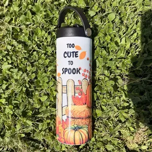 20 OZ Too Cute To Spook Fall Water Bottle with Handle Featuring Pumpkins, Animals, and Autumn Leaves! Design Perfect for Fall Vibes. Stylish Aesthetic