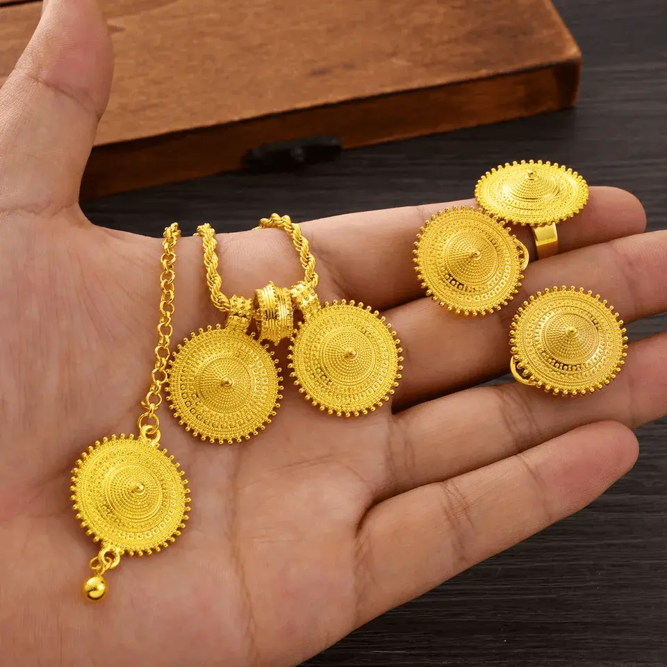 Habesha 4-Piece 24KGP Gold Sun Shield Jewelry Set - Ethiopian Eritrean Traditional Necklace, Matching Earrings, Ring & Head Ornament for Weddings