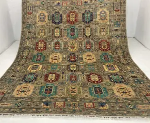 Afghan Gray Green Super Kazak Rug 8 x 11 ft Hand Knotted Wool Area Rug Turkmen Traditional Chobi Tekke Rug for Living Room Geometric Design