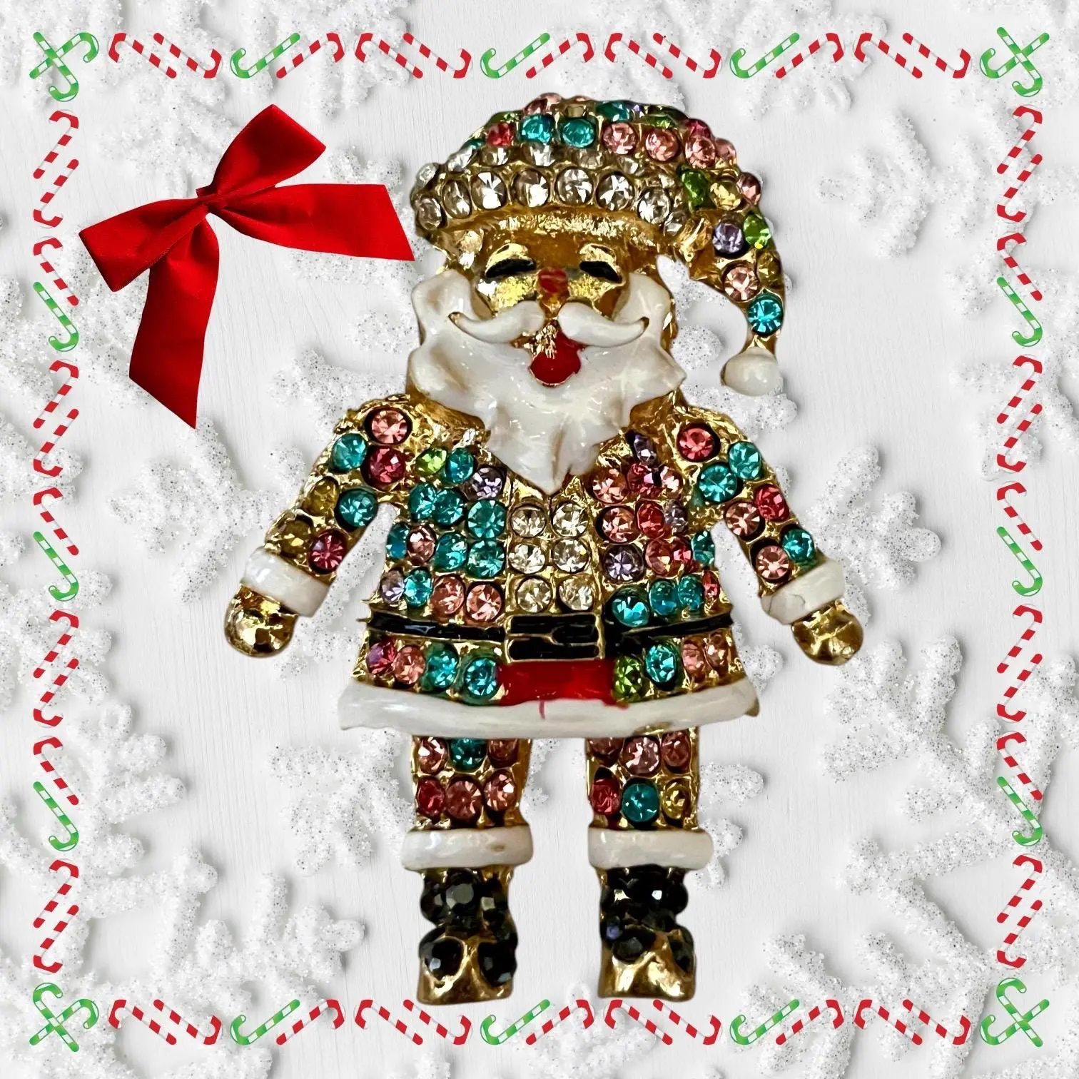Sparkly Santa Claus Brooch Pin Necklace Pendant, Gold Plated Enamel, Different Color Options. Rhinestone Encrusted, Cute Charm Pin for Christmas